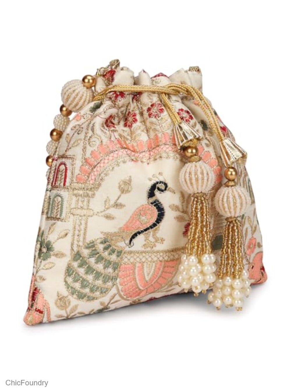 Silk Drawstring Potli Bag Pearls Sequence Wedding Ethnic Clutch